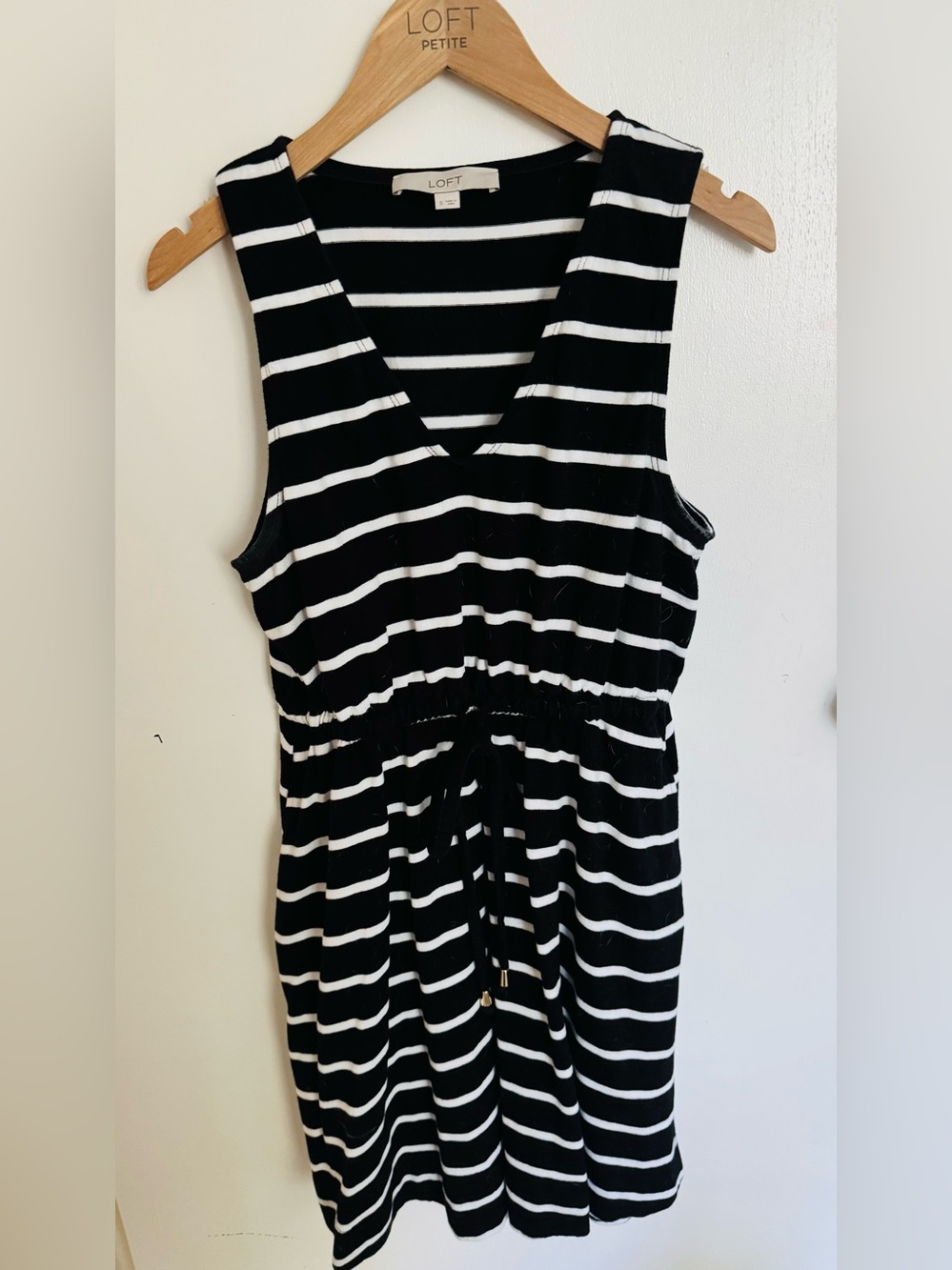 LOFT Black & White Striped Sleeveless Drawstring Midi Dress